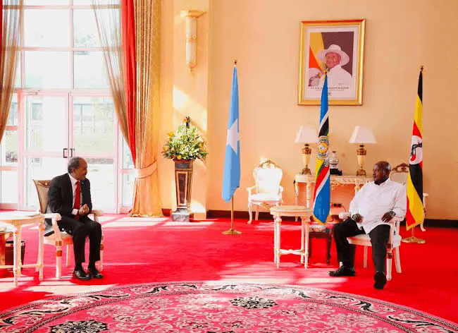 Uganda President Yoweri Museveni hosts his Somalia counterpart Hassan Sheikh Mohamud at State House, Entebbe. PHOTO: COURTESY