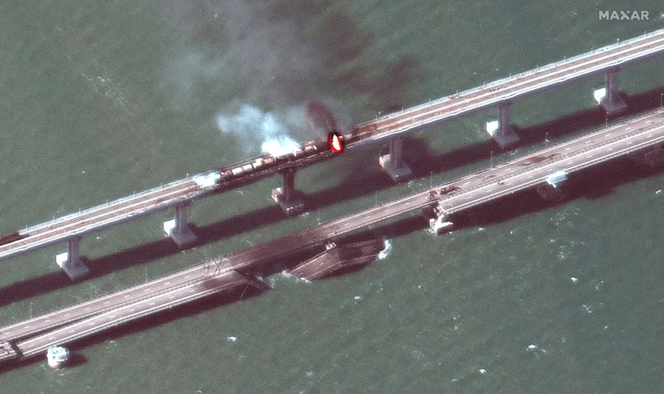 A satellite image shows a close up view of smoke rising from a fire on the Kerch bridge in the Kerch Strait, Crimea, October 8, 2022. Maxar Technologies/Handout via REUTERS