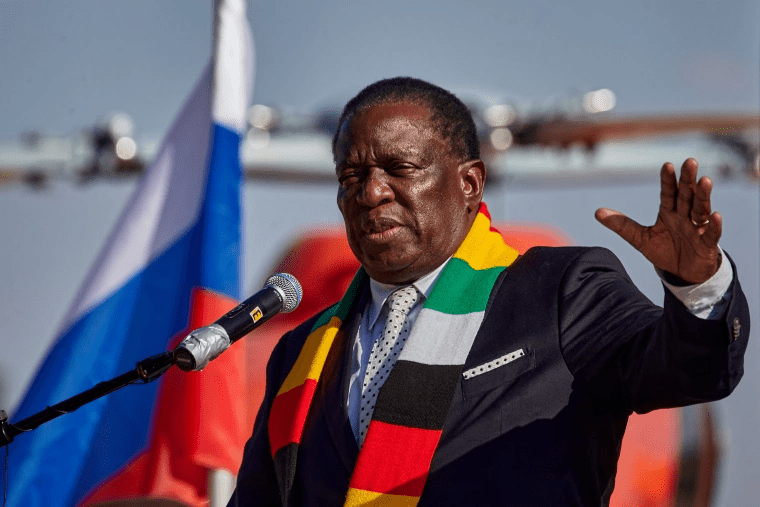 Zimbabwe President Emmerson Mnangagwa speaks in Harare in May 2023. On June 3, CPJ called on the president to reject the ‘Patriot Bill’ as it seriously threatens the rights to freedom of expression and media freedom in Zimbabwe. (AFP/Jekesai Njikizana)
